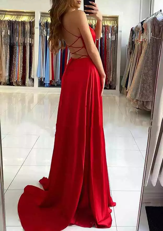 Elegantes vestidos de graduación de satén sin mangas con escote en V, corte en A y abertura larga