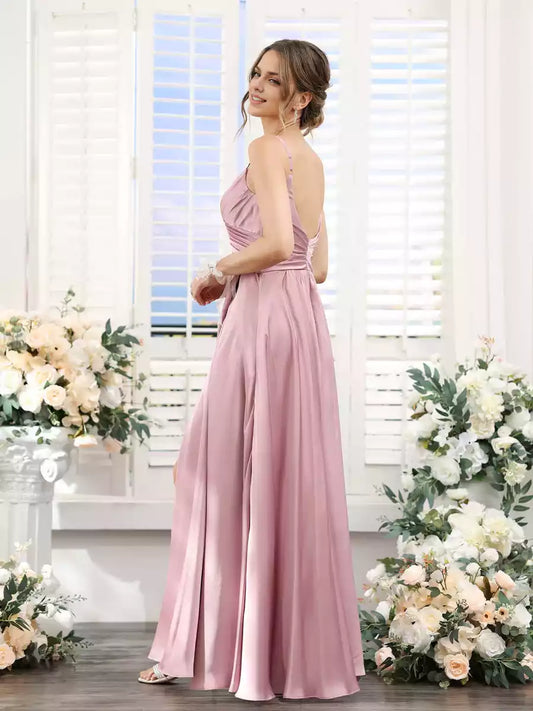Elegant A-line camisole with sleeveless pleats, side slits, and ground silk satin Bridesmaid Dresses