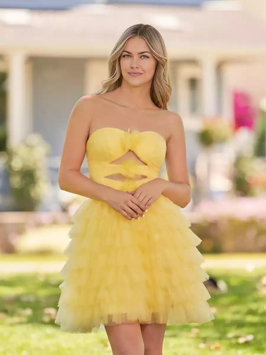 Elegantes vestidos cortos de fiesta de gasa en línea A, con hombros descubiertos, sin mangas, volantes en capas y espalda con cordones
