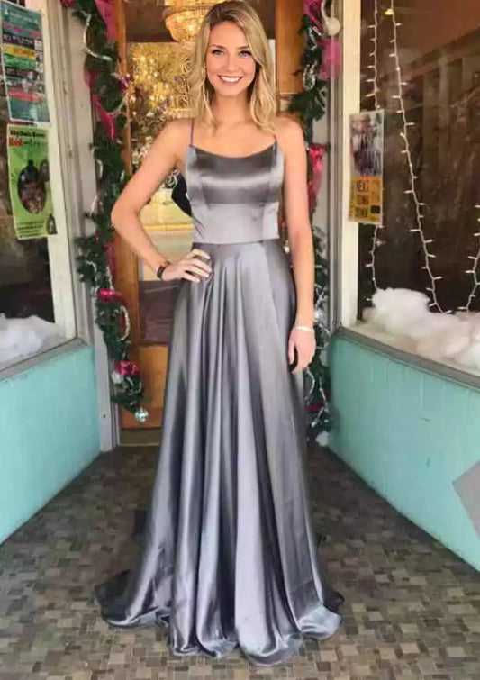 Elegant A-line/princess style fan-shaped collar sleeveless trailing satin pleated Prom Dresses
