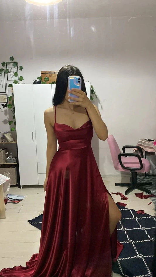 Elegant A Line Spaghetti Straps Burgundy Satin Sleeveless Long Evening Party Gowns Slit Evening Dress Special Formal Dresses Prom Dress by YiHuiw