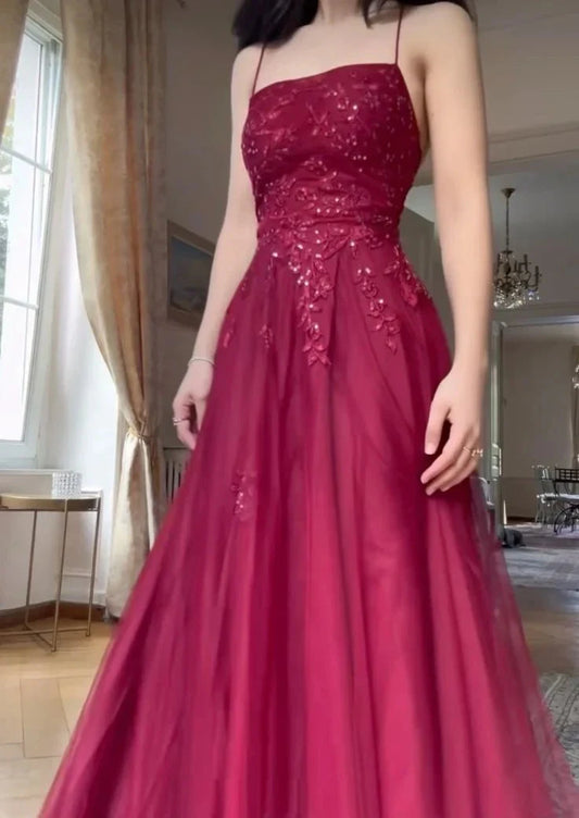 Elegant A Line Spaghetti Straps Burgundy Tulle Long Prom Dresses Party Dress 21st Birthday Outfits Graduation Dresses by YiHuiw
