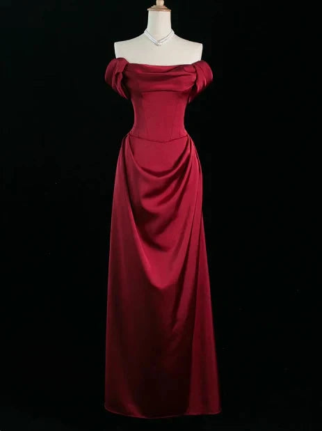 Elegant A line Off The Shoulder Burgundy Satin Prom Dresses Formal Summer Wedding Guest Dresses Wedding Guest Outfits simple gentle atmospheric and unique desi Bring summer colors to enhance whiteness by YiHuiw