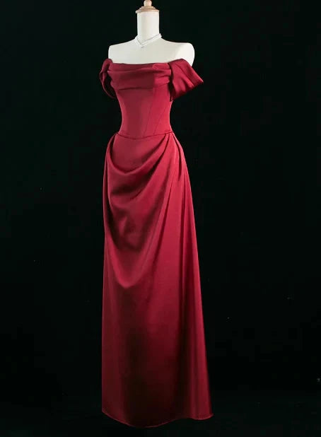 Elegant A line Off The Shoulder Burgundy Satin Prom Dresses Formal Summer Wedding Guest Dresses Wedding Guest Outfits simple gentle atmospheric and unique desi Bring summer colors to enhance whiteness by YiHuiw