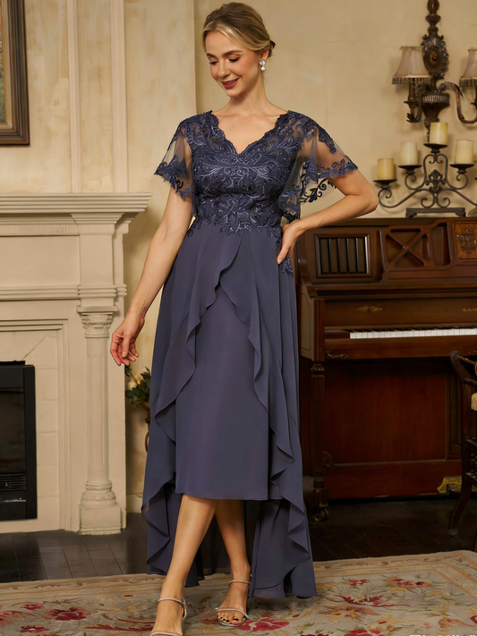 Elegant Chiffon A-Line V-Neck Lace Applique Short Sleeves Lace-Up Corset Back High-Low Hem Formal Mother of the Bride Dresses by LANQI DRESS