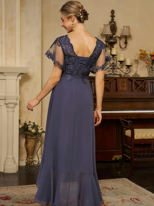 Elegant Chiffon A-Line V-Neck Lace Applique Short Sleeves Lace-Up Corset Back High-Low Hem Formal Mother of the Bride Dresses by LANQI DRESS