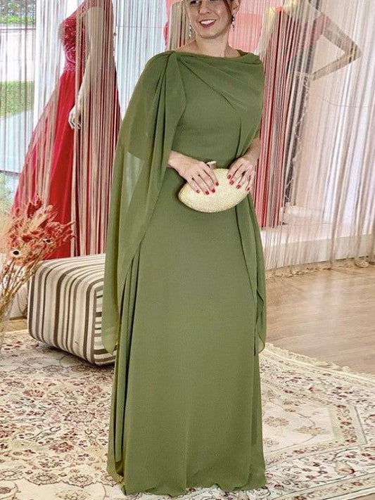 Elegant Chiffon Sheath Column Cowl Neck Cape Sleeve Zipper Back Floor-Length Maxi Formal Mother of the Bride Dresses by LANQI DRESS