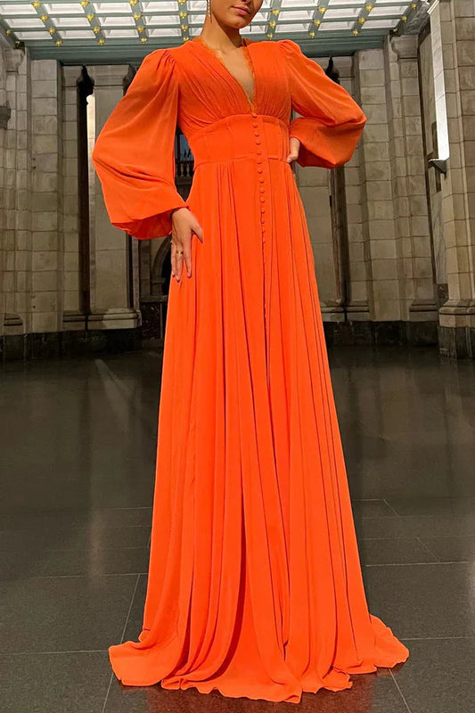 Elegant Chiffon V-Neck Evening Dresses with Bishop Sleeves, Button-Down Bodice and Flowing Maxi Skirt Formal Dress