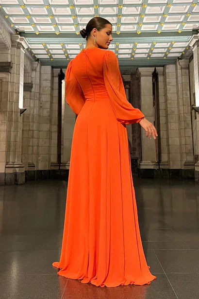 Elegant Chiffon V-Neck Evening Dresses with Bishop Sleeves, Button-Down Bodice and Flowing Maxi Skirt Formal Dress