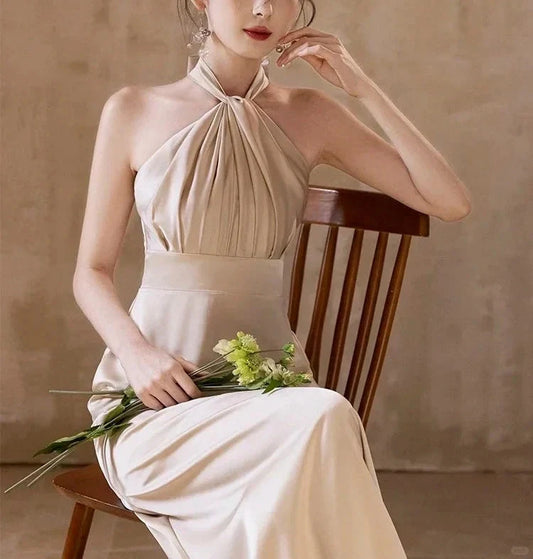 Elegant Fashion Long Satin Ball Gown Evening Dress Party simple gentle atmospheric and unique desi Bring summer colors to enhance whiteness by YiHuiw