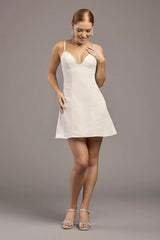 Elegant Fit-and-Flare Spaghetti-Strap Deep V-Neck Beaded Mini Wedding Dress