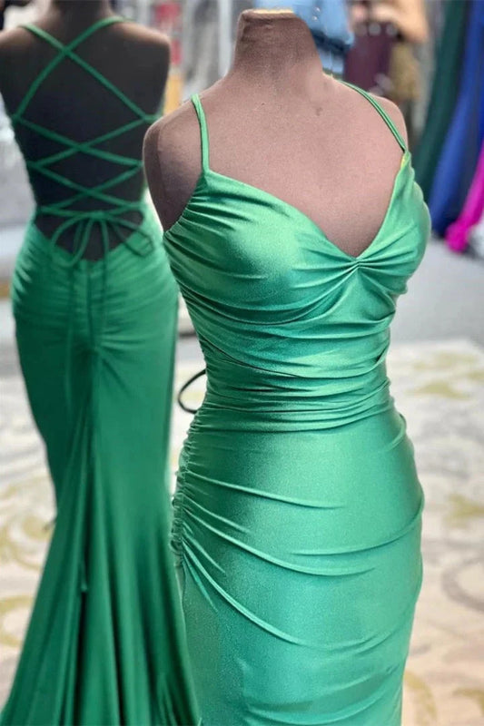 Elegant Green Mermaid Spaghetti Straps Long Prom Dresses simple gentle atmospheric and unique desi Bring summer colors to enhance whiteness by YiHuiw
