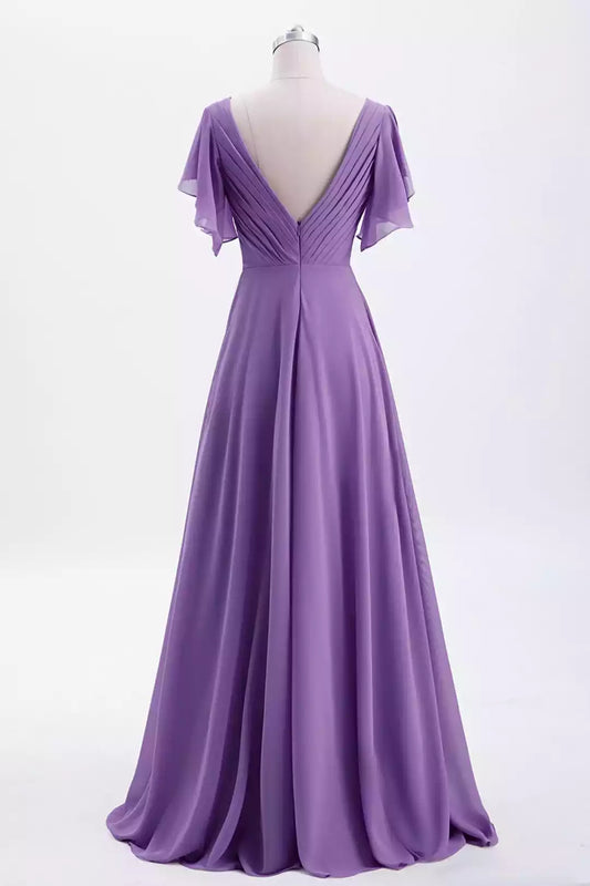 Elegant Lilac Chiffon A-Line Dress with Flutter Sleeves & V-Back