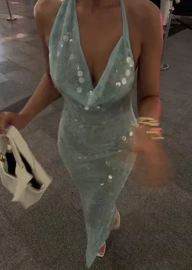 Elegant Mermaid Halter Light Green Sequin Long Prom Dresses Party Dress 21st Birthday Outfits Graduation Dresses by YiHuiw