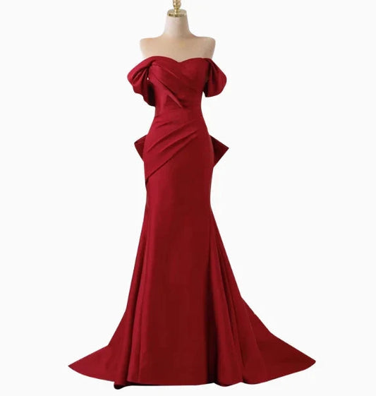 Elegant Mermaid Off The Shoulder Red Satin Prom Dresses Formal Summer Wedding Guest Dresses Wedding Guest Outfits simple gentle atmospheric and unique desi Bring summer colors to enhance whiteness by YiHuiw
