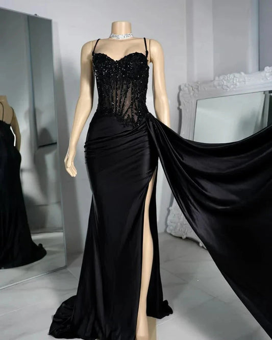 Elegant Mermaid Spaghetti Straps Satin Slit Black Long Prom Dresses Party Dress 18th Birthday Outfits Graduation Dresses by YiHuiw