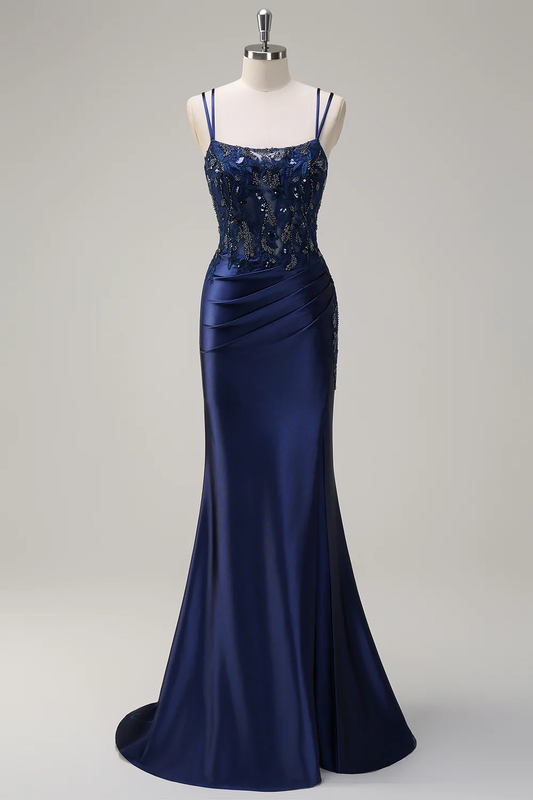 Élégante Robe de Soirée Sirène Col Carré Doubles Bretelles Fines Dentelle Perle Dos Croisé Traîne en Satin