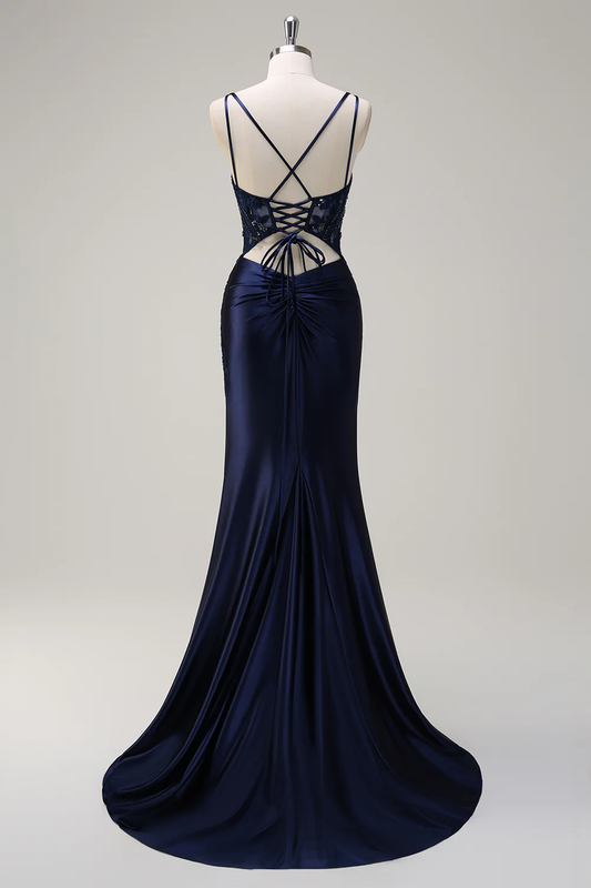 Élégante Robe de Soirée Sirène Col Carré Doubles Bretelles Fines Dentelle Perle Dos Croisé Traîne en Satin