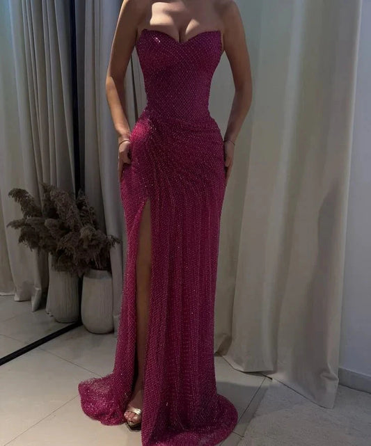 Elegant Mermaid Sweetheart Sequin Hot Pink Slit Long Prom Dresses Party Dress 18th Birthday Outfits Graduation Dresses by YiHuiw