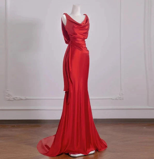 Elegant Mermaid V Neck Red Satin Prom Dresses Formal Summer Wedding Guest Dresses Wedding Guest Outfits simple gentle atmospheric and unique desi Bring summer colors to enhance whiteness by YiHuiw