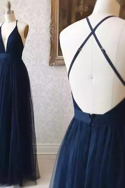 Elegant Navy Blue Tulle Dress with Plunge V-Neck & Crisscross Back