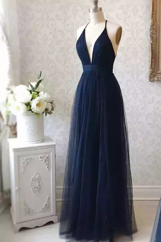 Elegant Navy Blue Tulle Dress with Plunge V-Neck & Crisscross Back