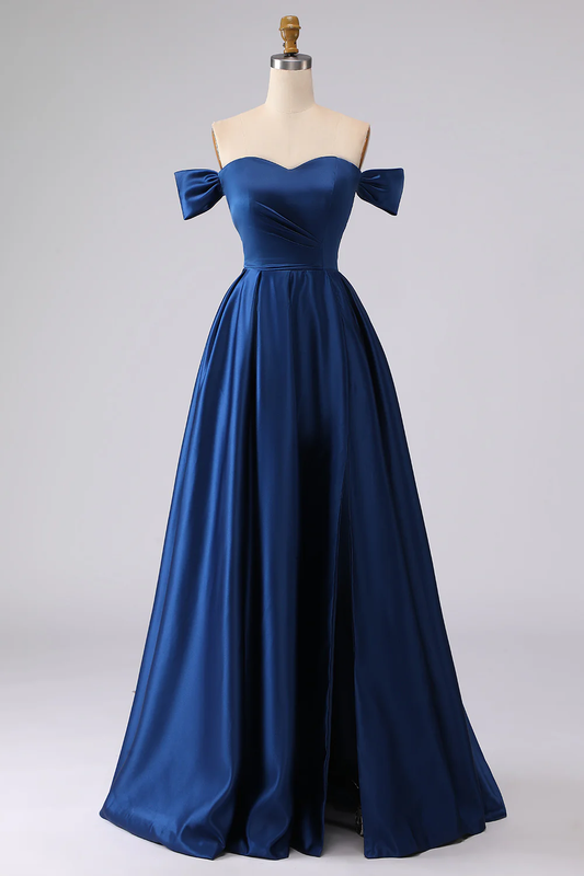 Elegant Off-Shoulder Satin Evening Dress with Bow Accent, Ruched Waist and High Slit for Formal Occasions