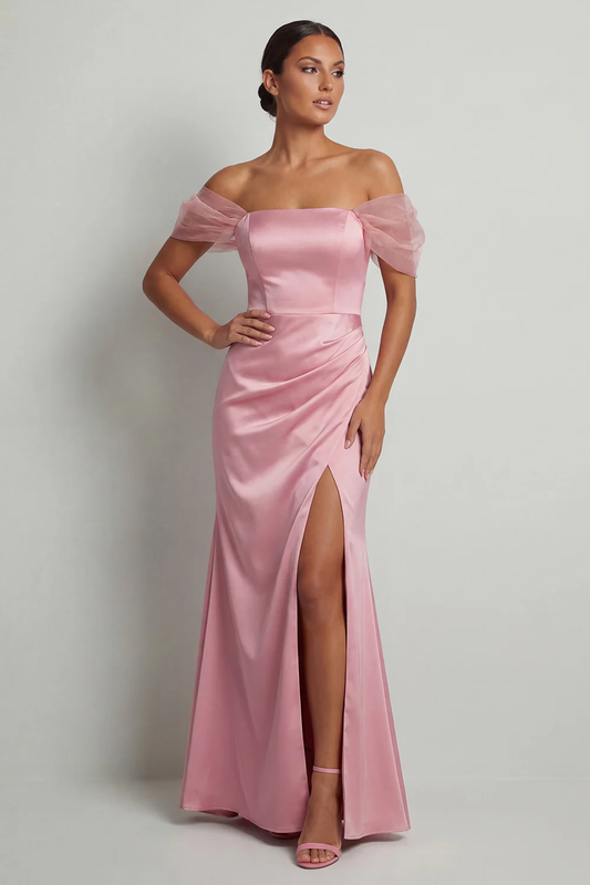 Elegant Off-Shoulder Satin Puff Sleeve Slit Mermaid Mother of the Bride Dress