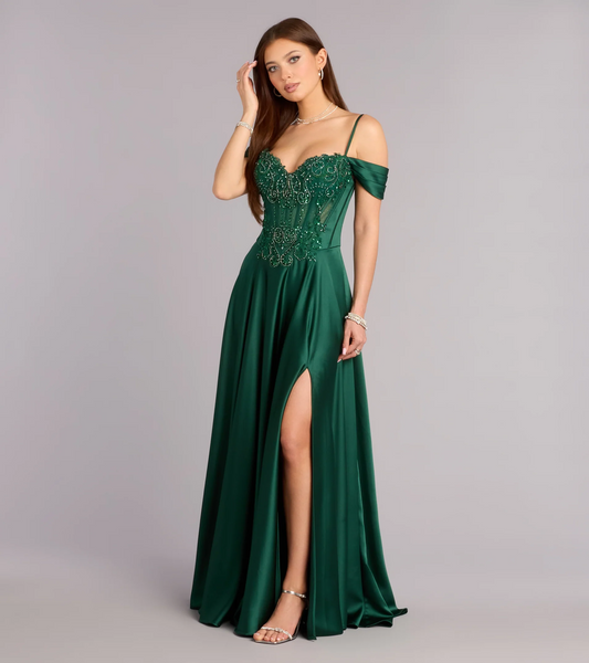 Elegant Off-the-Shoulder Beaded Corset Satin A-Line High Slit Lace-Up Back Pocket Prom Dress