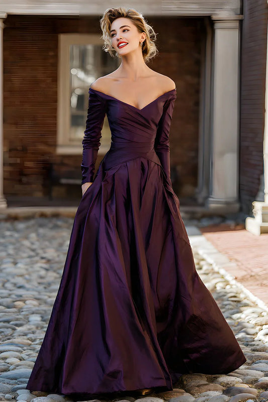 Elegant Off-the-Shoulder Long Sleeve Ruched Satin Ball Dress Mother of the Bride Dress