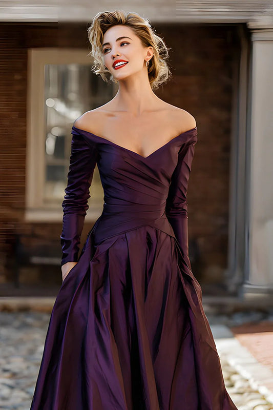 Elegant Off-the-Shoulder Long Sleeve Ruched Satin Ball Dress Mother of the Bride Dress