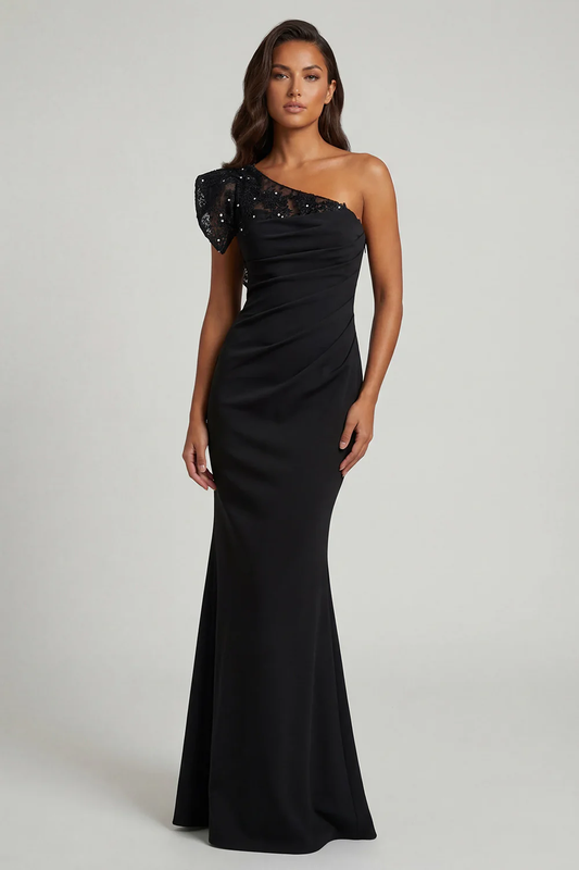 Elegant One-Shoulder Lace Puff Sleeve Ruched Mermaid Mother of the Bride Dress