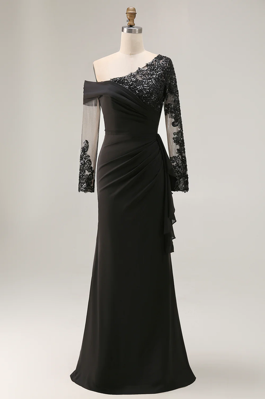 Elegant One-Shoulder Sheer Long Sleeve Lace Applique Ruched Mermaid Mother of the Bride Dress