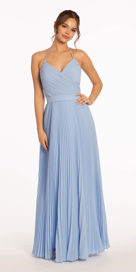 Elegant Pleated Chiffon Halter Neck Evening Dresses with Lace-Up Back and Waistband