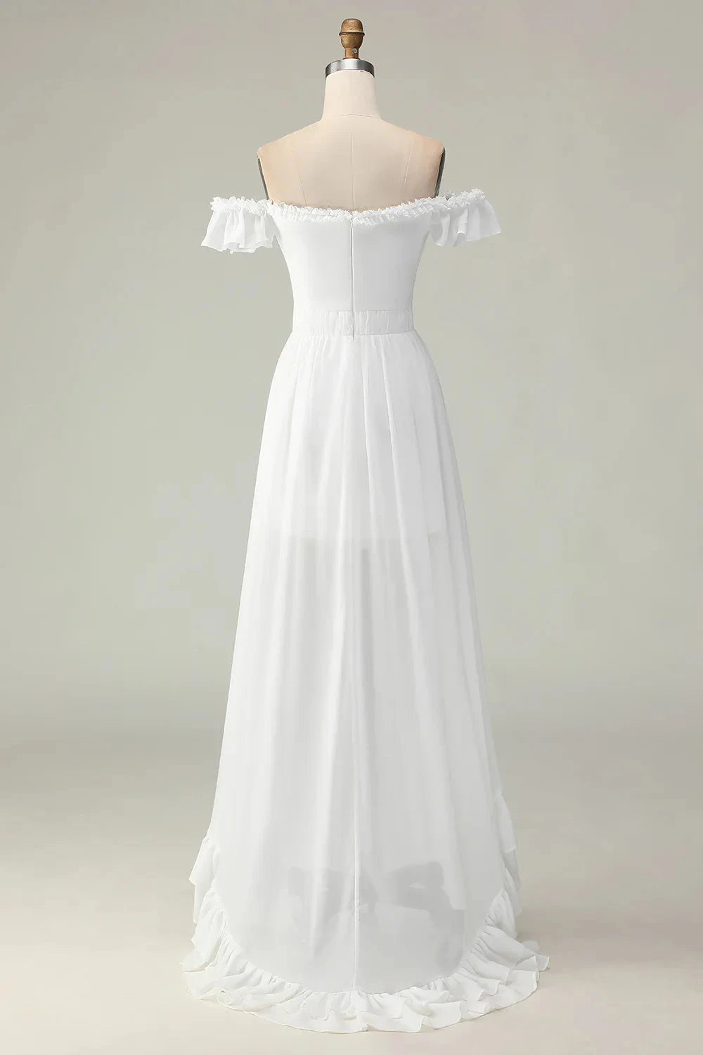 Elegant Romantic Flowy A-Line Off-the-Shoulder Ruffled Short Sleeve Lace-Up Back High-Low Evening Dress