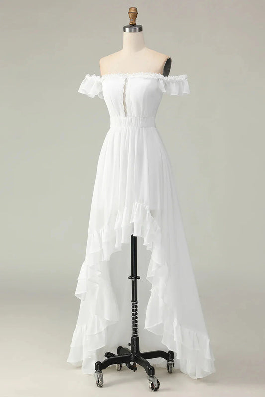 Elegant Romantic Flowy A-Line Off-the-Shoulder Ruffled Short Sleeve Lace-Up Back High-Low Evening Dress