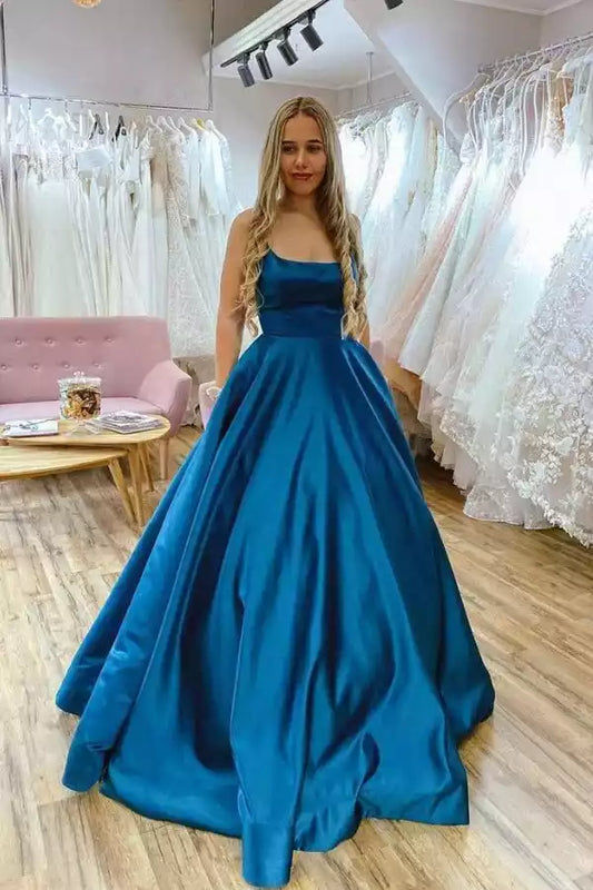 Elegant Royal Blue Satin Ball Dress with Square Neck & Criss-Cross Back