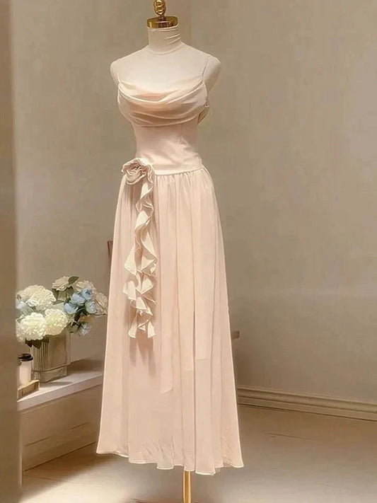 Elegant Ruffle Spaghetti Strap Pearl Beading A-Line Sleeveless Long Chiffon Evening Gown simple gentle atmospheric and unique desi Bring summer colors to enhance whiteness by YiHuiw