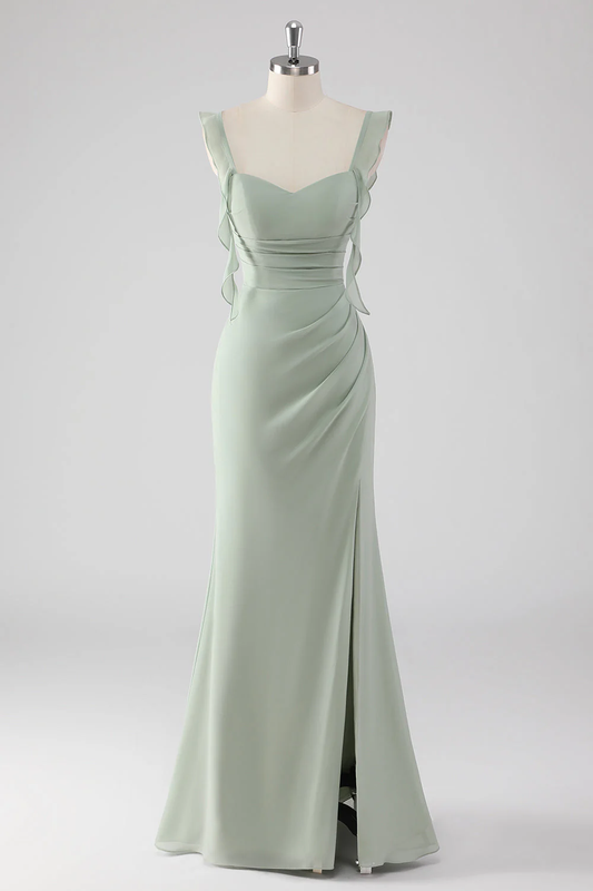Élégante robe de soirée sirène vert sauge avec bretelles à volants et laçage au dos