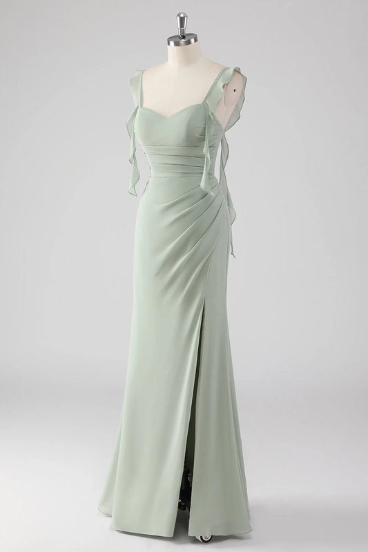 Élégante robe de soirée sirène vert sauge avec bretelles à volants et laçage au dos