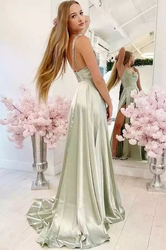 Elegant Sage Green Satin A-Line Prom Dress with Cowl Neck & High Slit