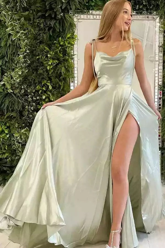 Elegant Sage Green Satin A-Line Prom Dress with Cowl Neck & High Slit
