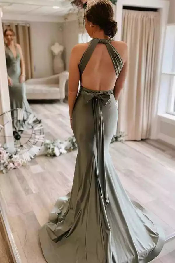 Elegant Sage Green Satin Mermaid Dress with Halter Neck & Open Back