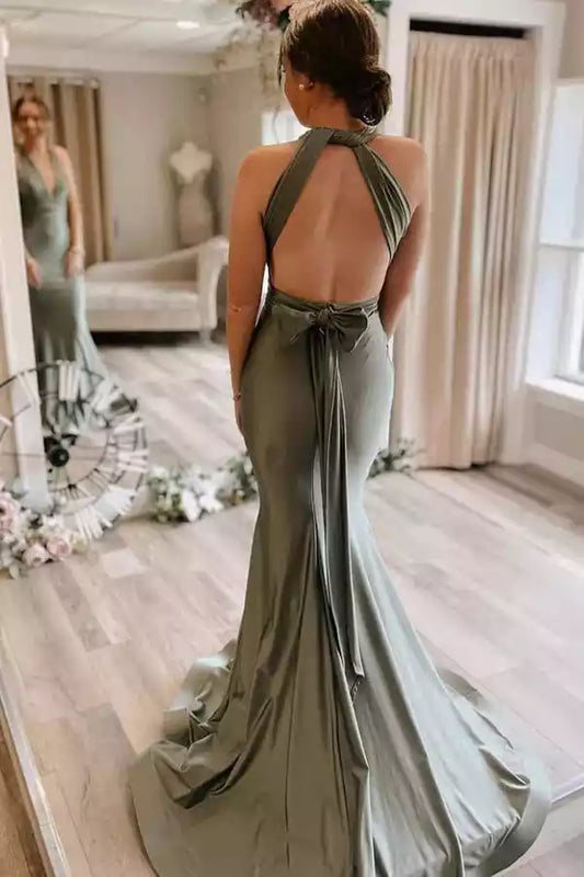 Elegant Sage Green Satin Mermaid Dress with Halter Neck & Open Back