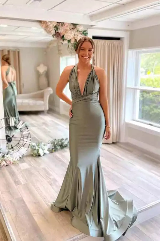 Elegant Sage Green Satin Mermaid Dress with Halter Neck & Open Back