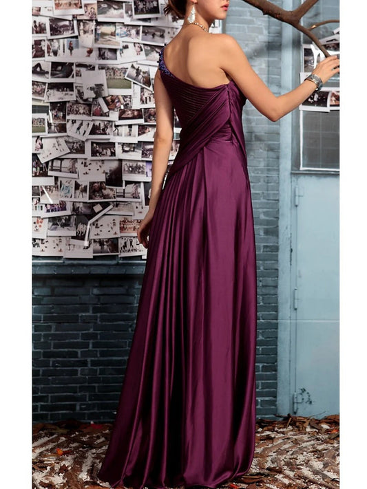 Elegant Satin A-Line One-Shoulder Draped Sleeveless Beaded Detail Zipper Back Floor-Length Maxi Formal Mother of the Bride Dresses by LANQI DRESS