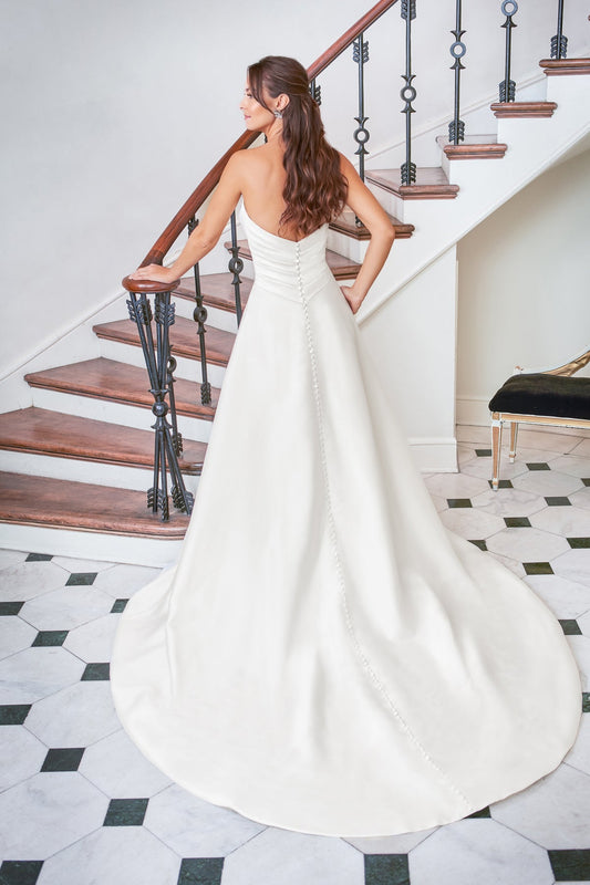 Elegant Satin A-Line Strapless Sweetheart Ruched-Bodice Button-Detail Train Wedding Dress by YiHuiw