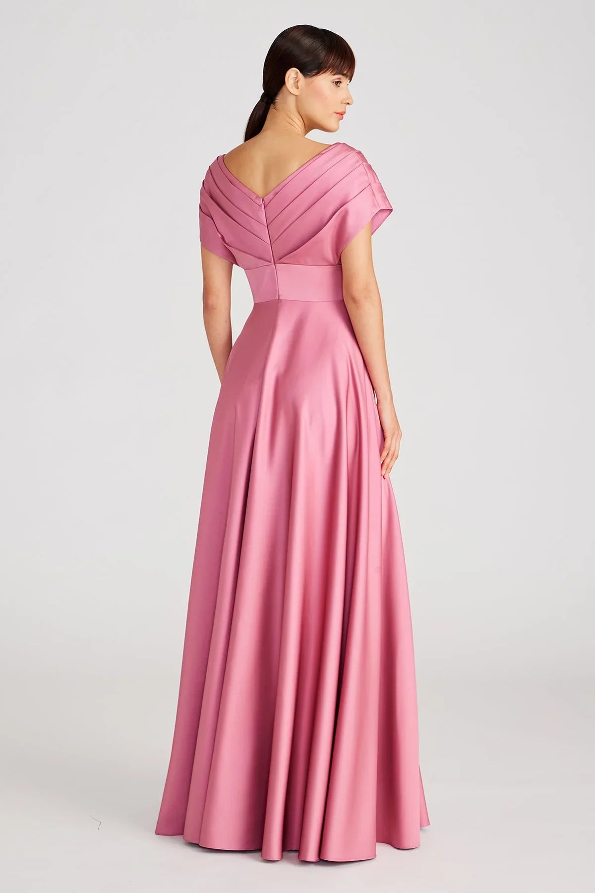 Élégante Robe de Soirée de Cérémonie Longue en Satin Évasée à Col V Plissée avec Applications