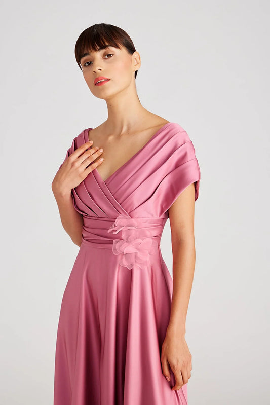 Elegant Satin A-Line V Neck Pleated Appliqué Floor Length Formal Evening Dress