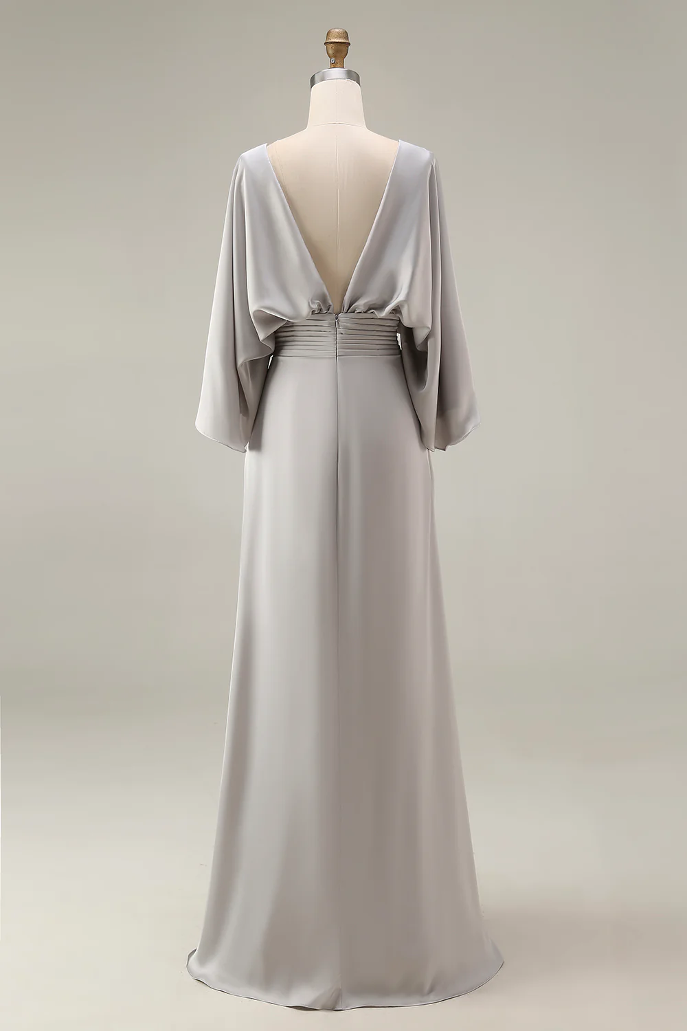 Elegante vestido de satén para la madre de la novia, con escote barco, mangas murciélago, cintura fruncida, largo hasta el suelo y bolsillos
